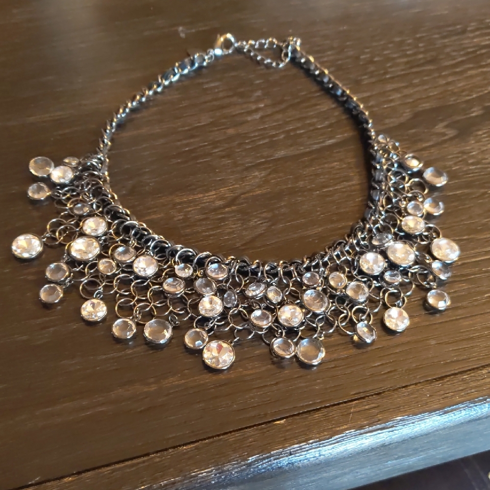 Chicos Black Metal Crystal Bib Necklace